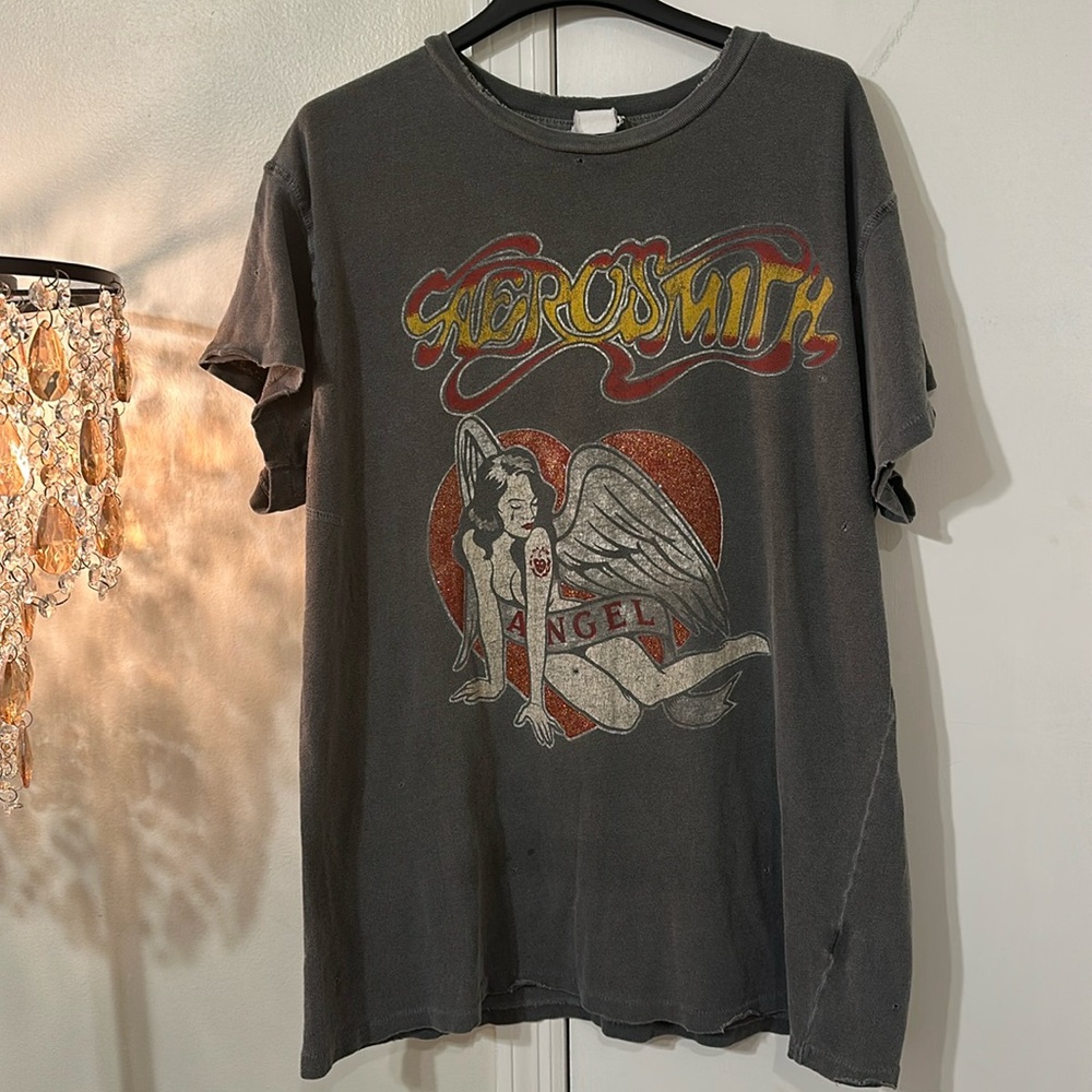 MadeWorn Aerosmith Graphic Tee in Charcoal with Red and Yellow Accents